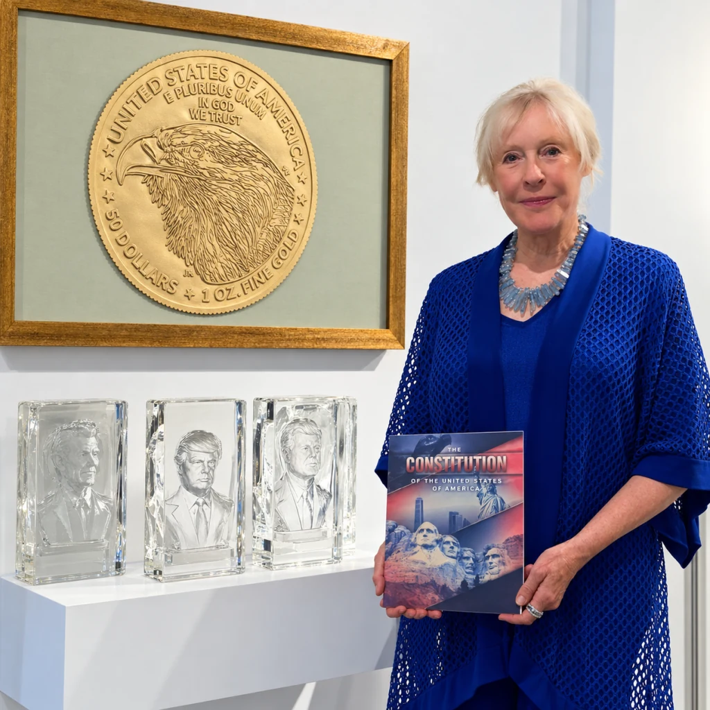 Trish Duggan holding a Constitution booklet beside glass portraits and a framed eagle artwork